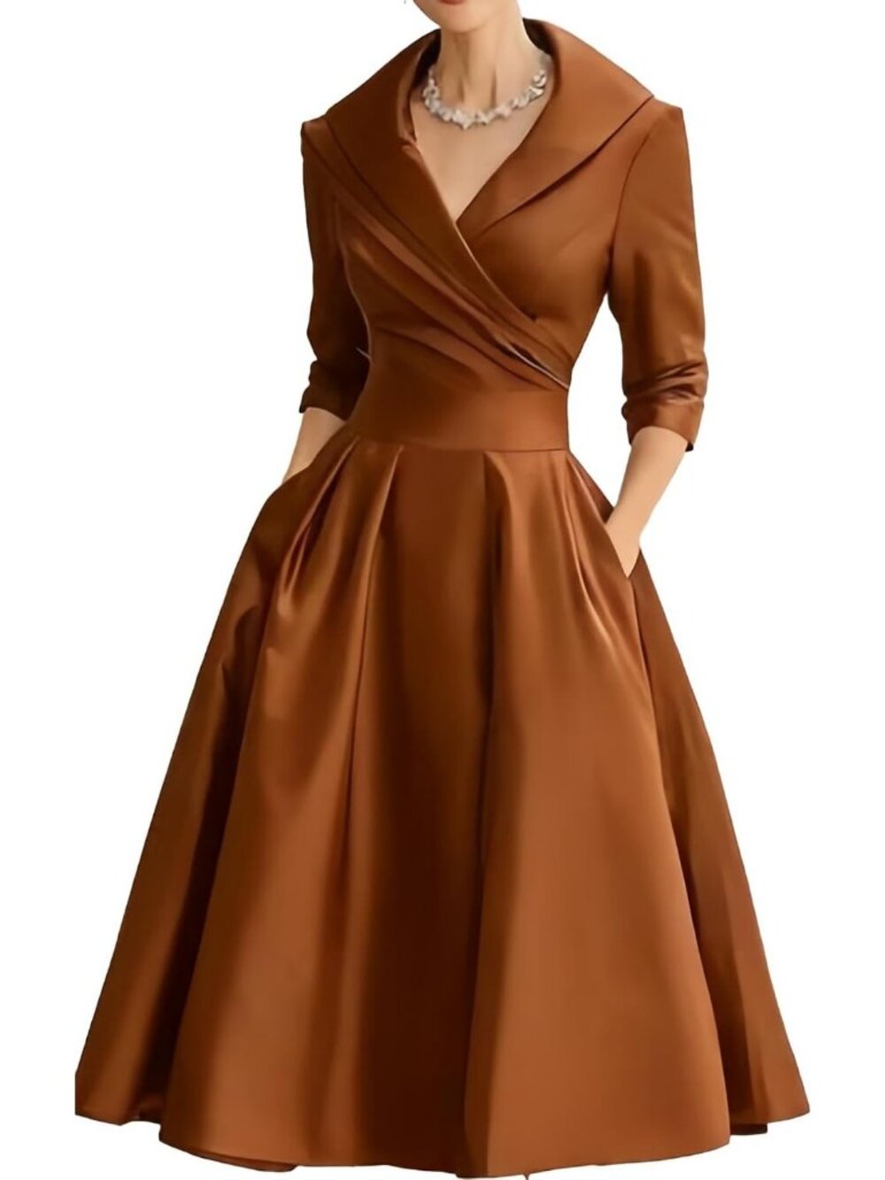 Women's Coffee Wrap Long Sleeve V-Neck Silky Casual Elegant Midi Church Dress